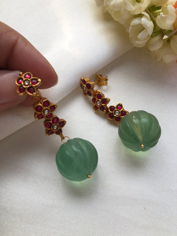 Ruby flower earring with green fluoride big bead drop-Earrings-PL-House of Taamara