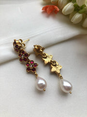 Ruby flower earrings with a pearl drop-Earrings-PL-House of Taamara