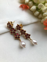 Ruby flower earrings with a pearl drop-Earrings-PL-House of Taamara