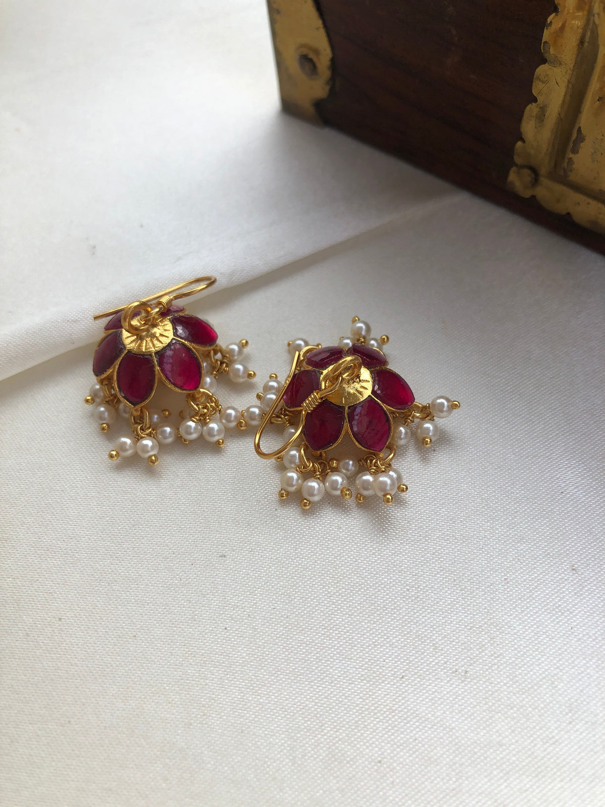 Ruby flower jhumkas with pearls-Earrings-PL-House of Taamara