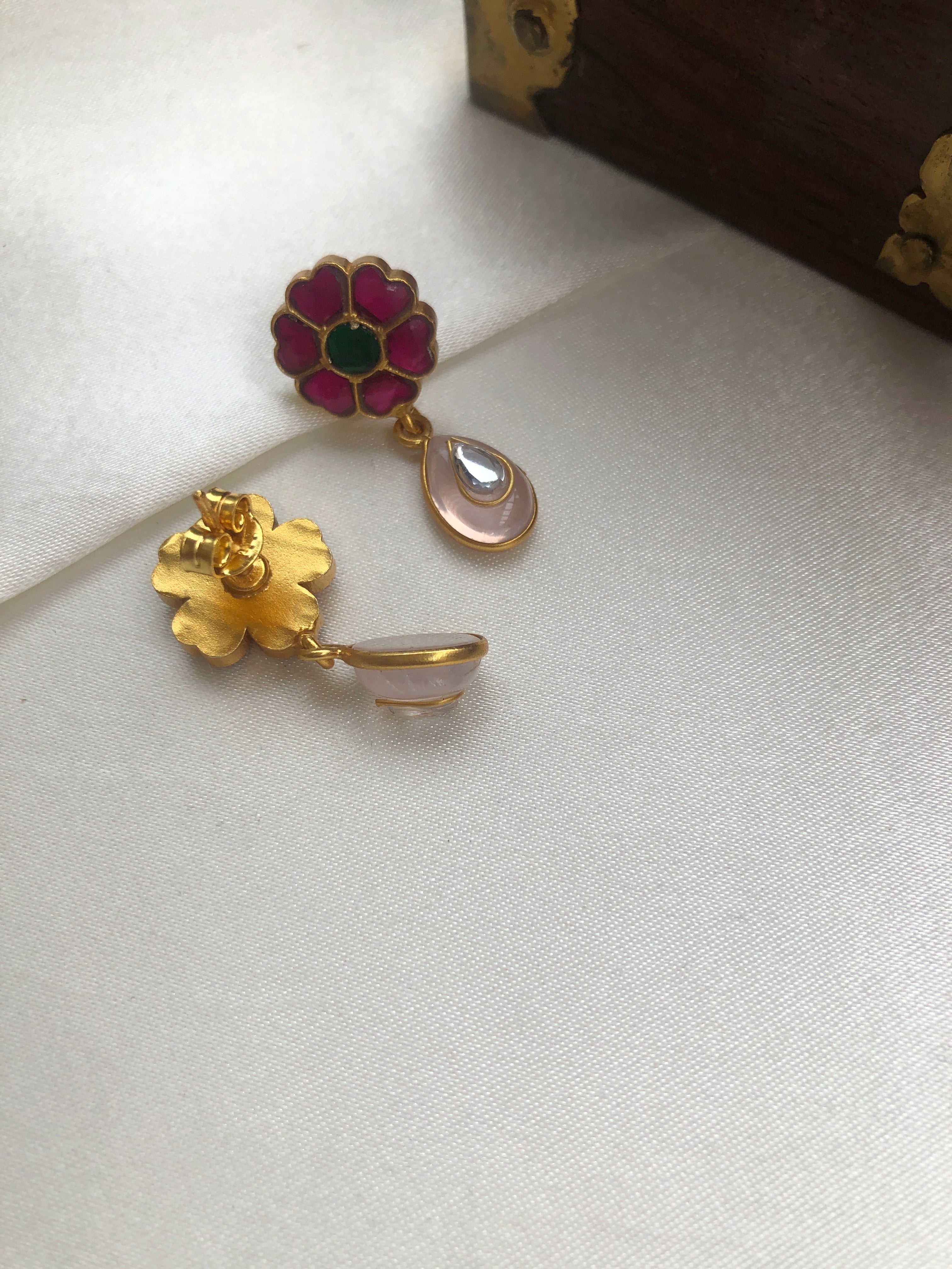 Ruby flower with quartz drop-Earrings-PL-House of Taamara