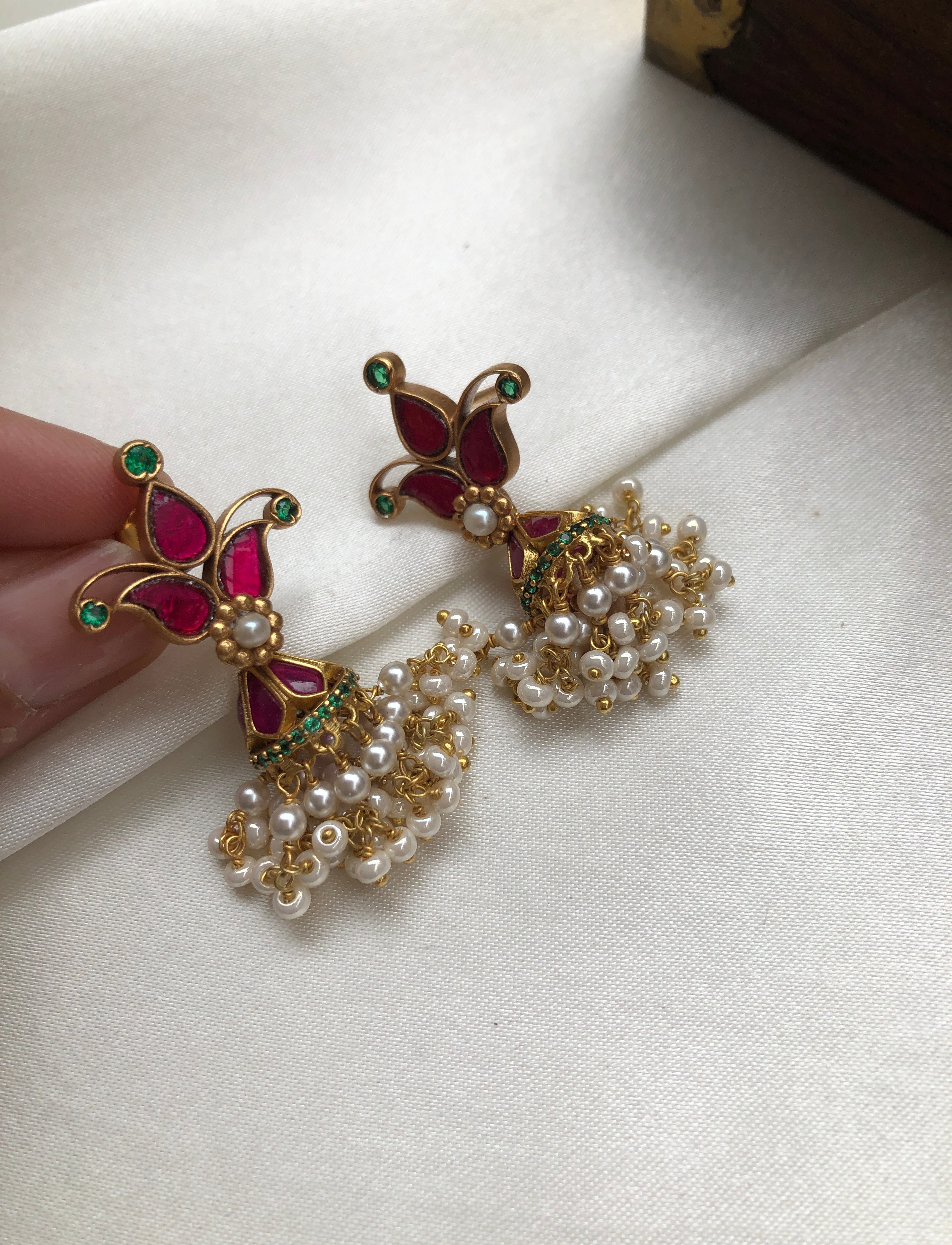 Ruby gold polish kundan jhumkas with pearls bunch-Earrings-PL-House of Taamara