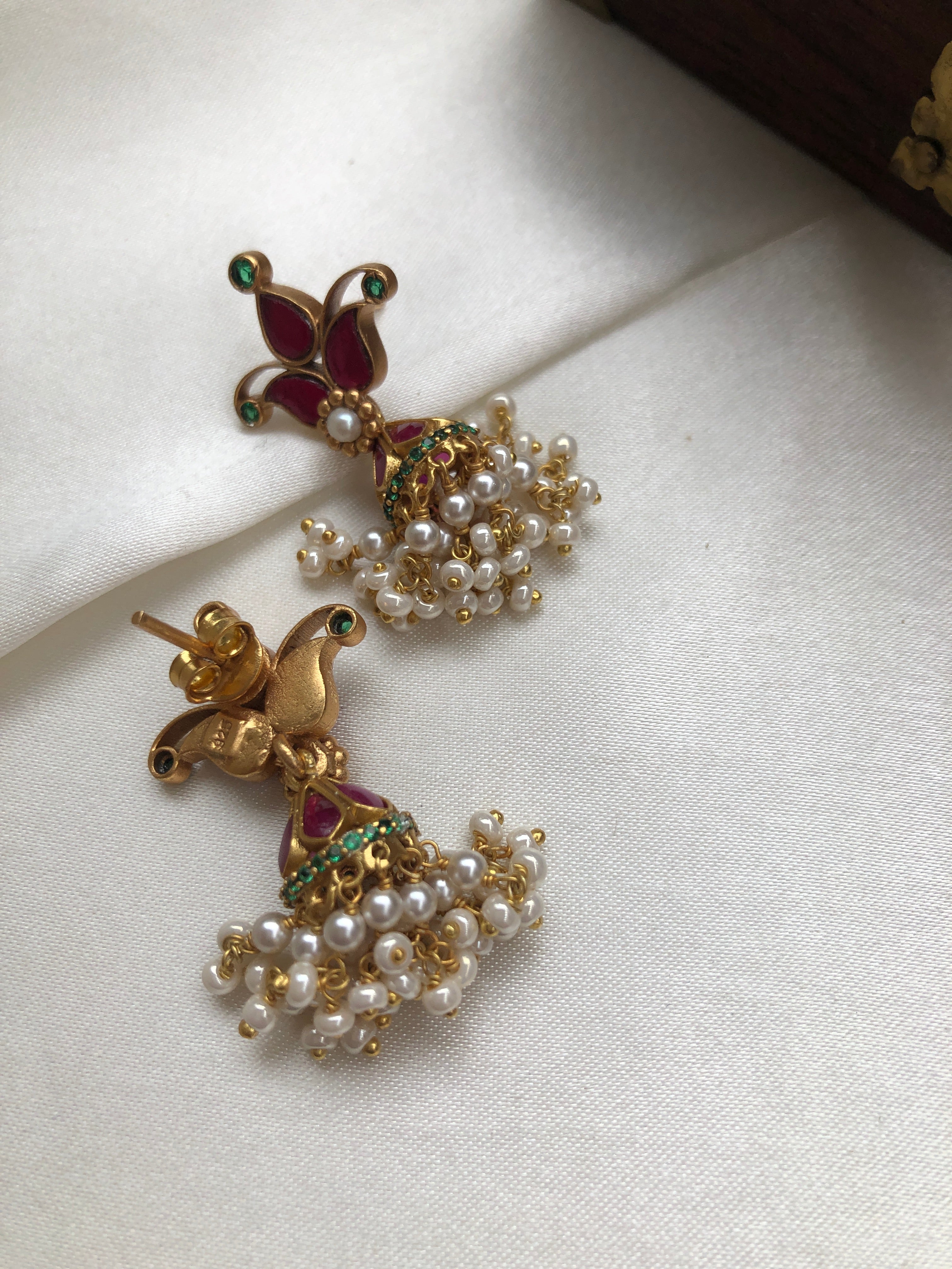 Ruby gold polish kundan jhumkas with pearls bunch-Earrings-PL-House of Taamara