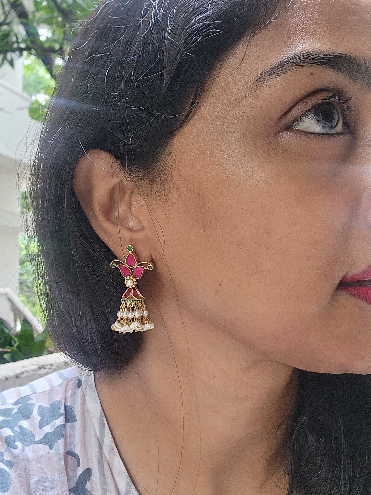 Ruby gold polish kundan jhumkas with pearls bunch-Earrings-PL-House of Taamara