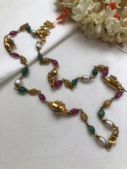 Ruby, green beads, yellow onyx with pearls vintage style mala-Silver Neckpiece-PL-House of Taamara