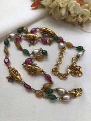 Ruby, green beads, yellow onyx with pearls vintage style mala-Silver Neckpiece-PL-House of Taamara