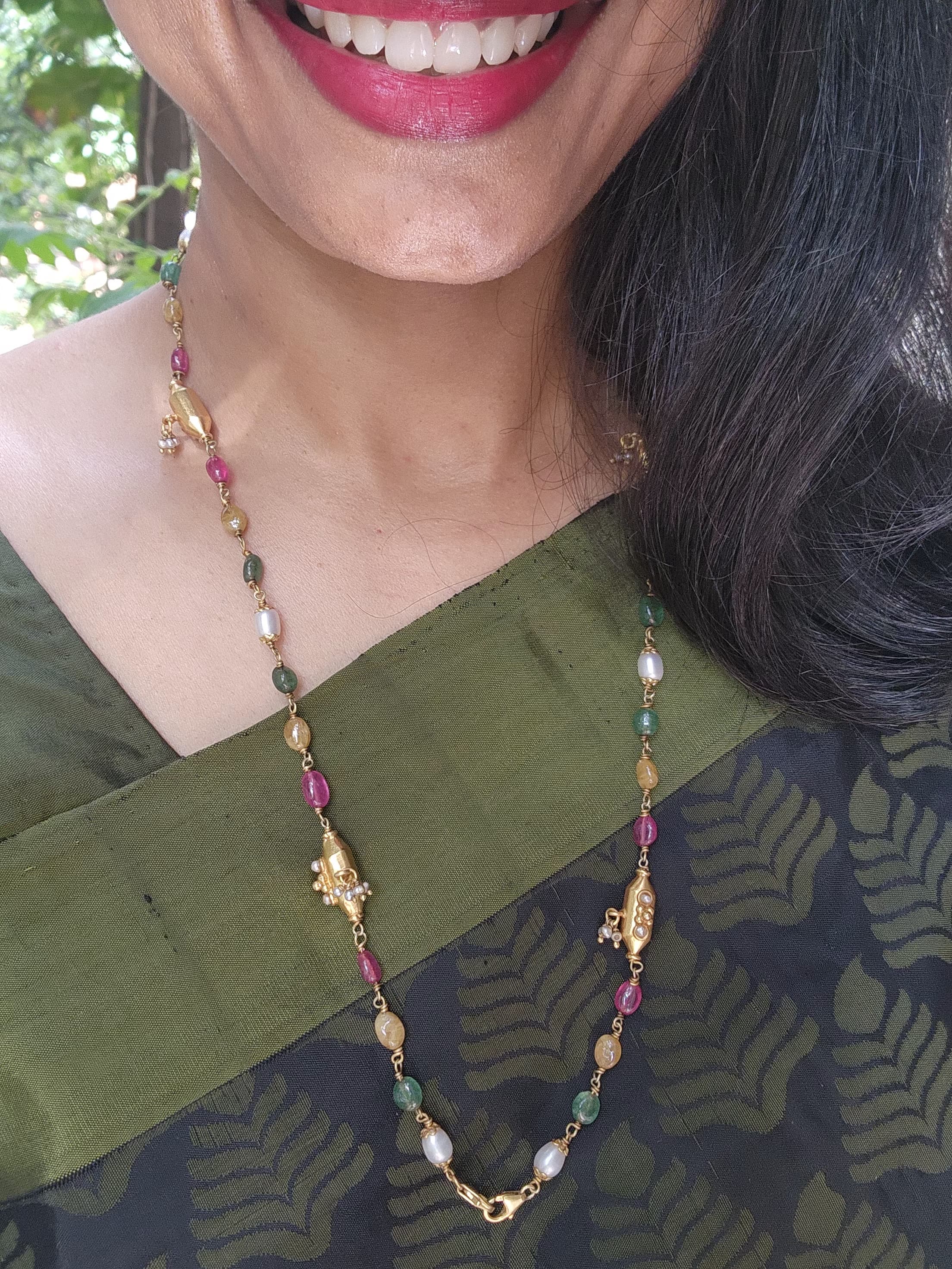 Ruby, green beads, yellow onyx with pearls vintage style mala-Silver Neckpiece-PL-House of Taamara