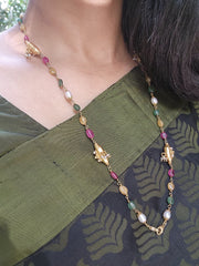 Ruby, green beads, yellow onyx with pearls vintage style mala-Silver Neckpiece-PL-House of Taamara