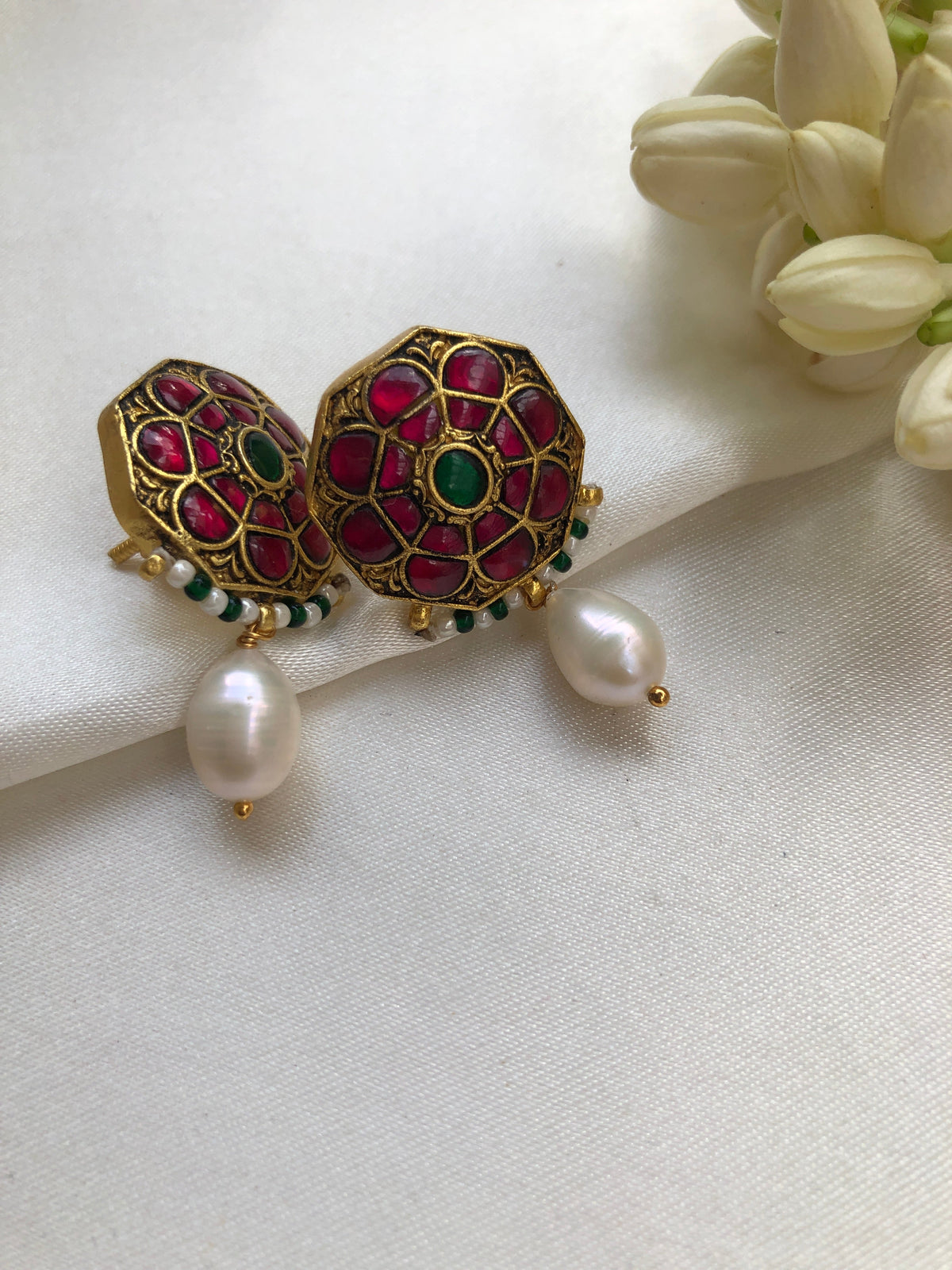 Ruby & green center stone earrings with pearls-Earrings-PL-House of Taamara