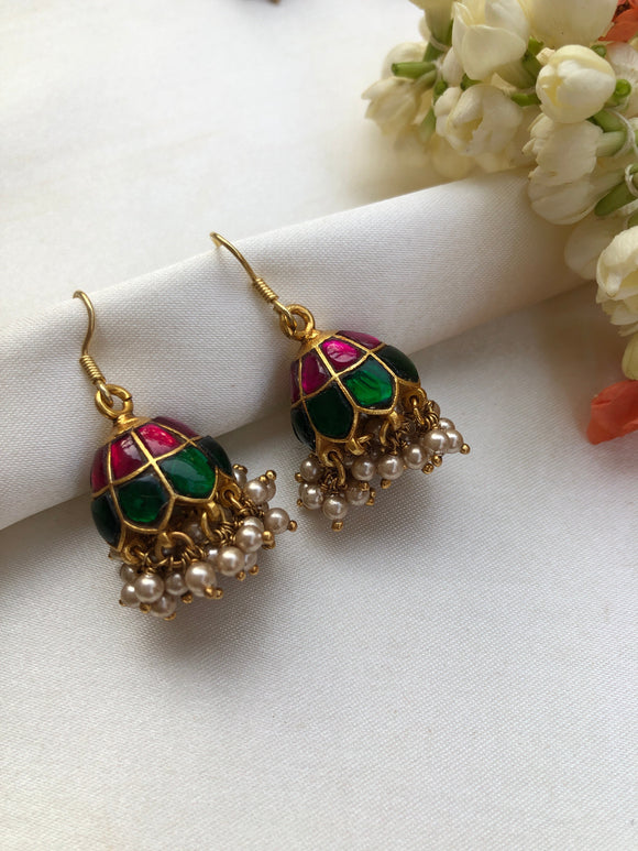 Ruby & green jhumkas with pearls bunch-Earrings-PL-House of Taamara
