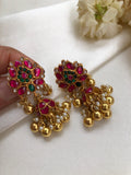 Ruby & green kundan flower jhumkas with gold gundus and pearls bunch-Earrings-PL-House of Taamara