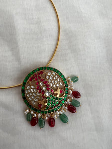 Ruby & green kundan gendeberunda pendant with hasli-Silver Neckpiece-PL-House of Taamara