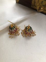 Ruby green & kundan jhumkas with pearls bunch-Earrings-PL-House of Taamara