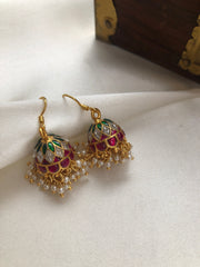 Ruby green & kundan jhumkas with pearls bunch-Earrings-PL-House of Taamara