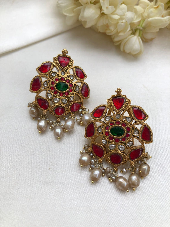 Ruby & green kundan style earrings with antique style pearls-Earrings-PL-House of Taamara