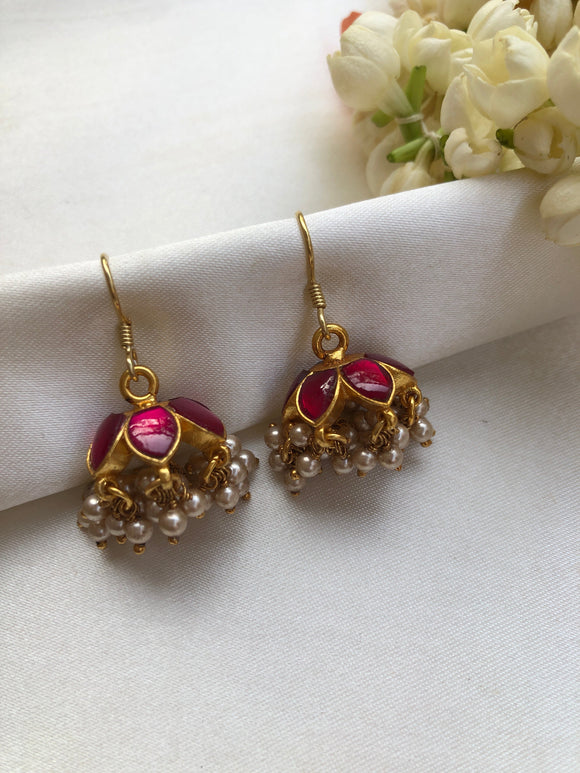 Ruby jhumkas with pearls bunch-Earrings-PL-House of Taamara