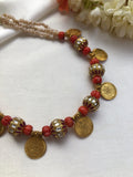 Ruby kundan beads with coral & kasu coins antique style pearls necklace-Silver Neckpiece-PL-House of Taamara