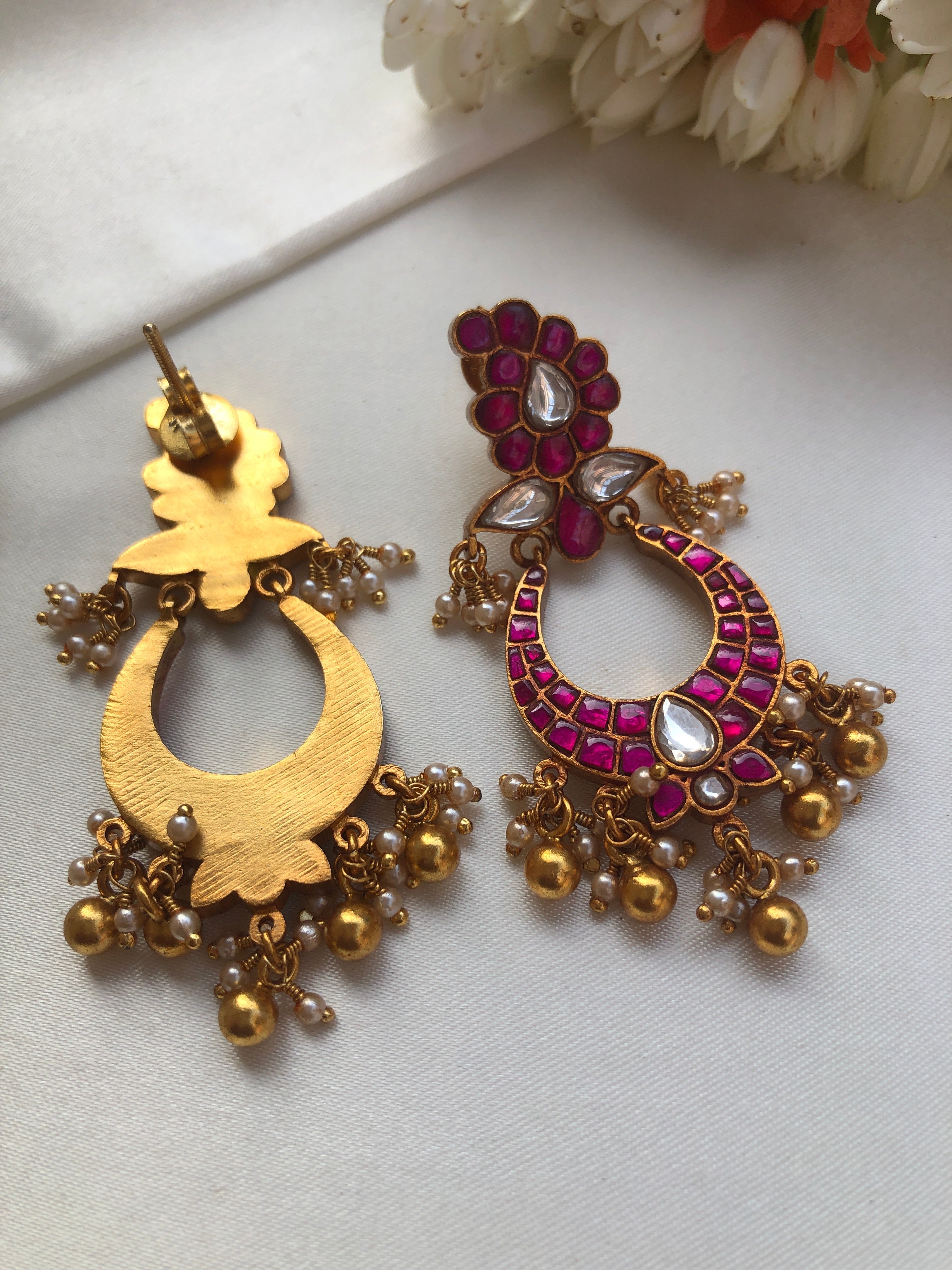 Ruby kundan chand long earrings-Earrings-PL-House of Taamara