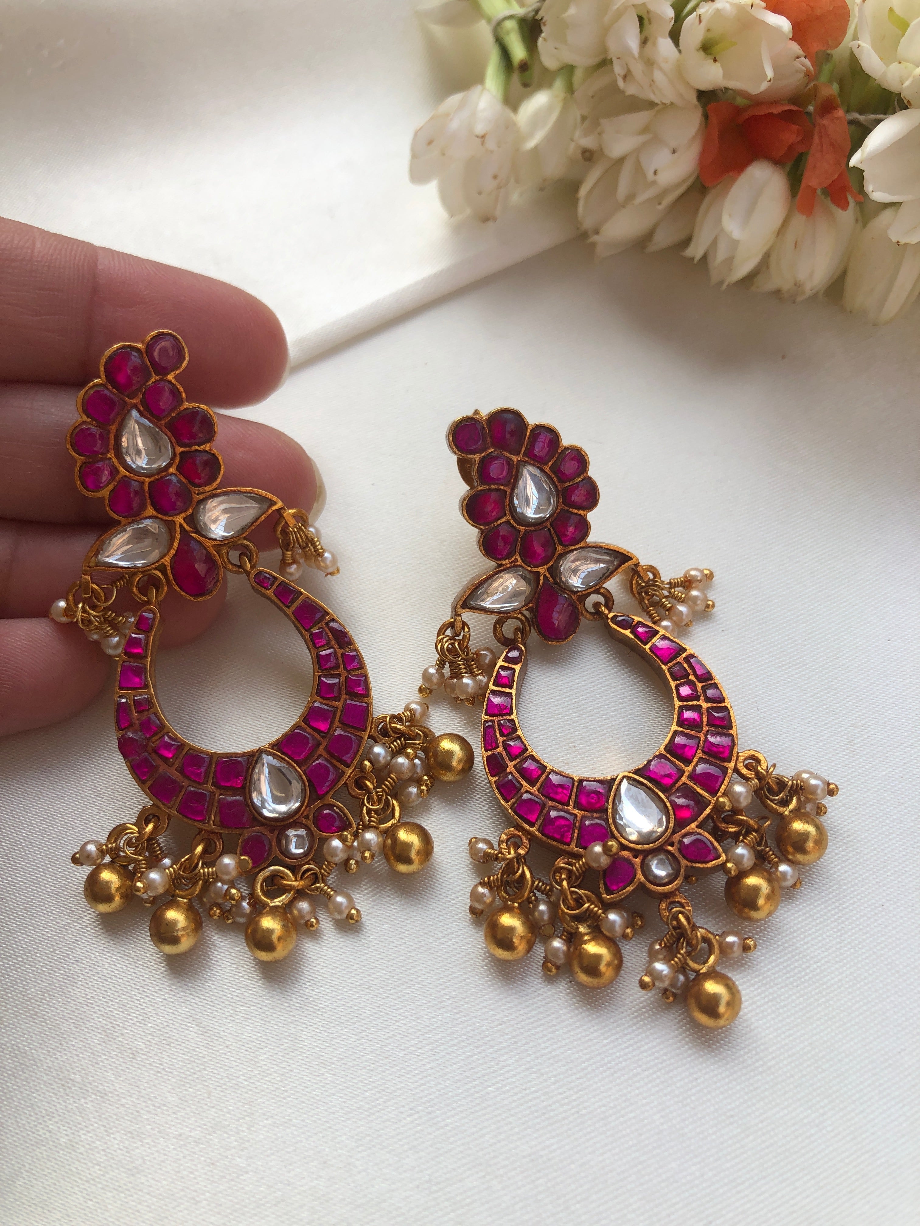 Ruby kundan chand long earrings-Earrings-PL-House of Taamara