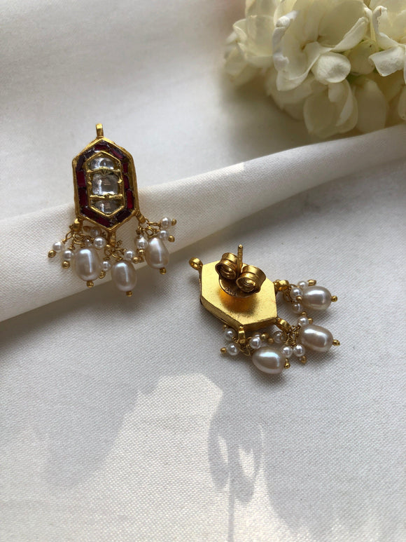 Ruby kundan earrings with antique pearls-Earrings-PL-House of Taamara