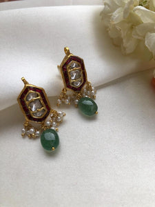 Ruby kundan earrings with green onyx drop-Earrings-PL-House of Taamara