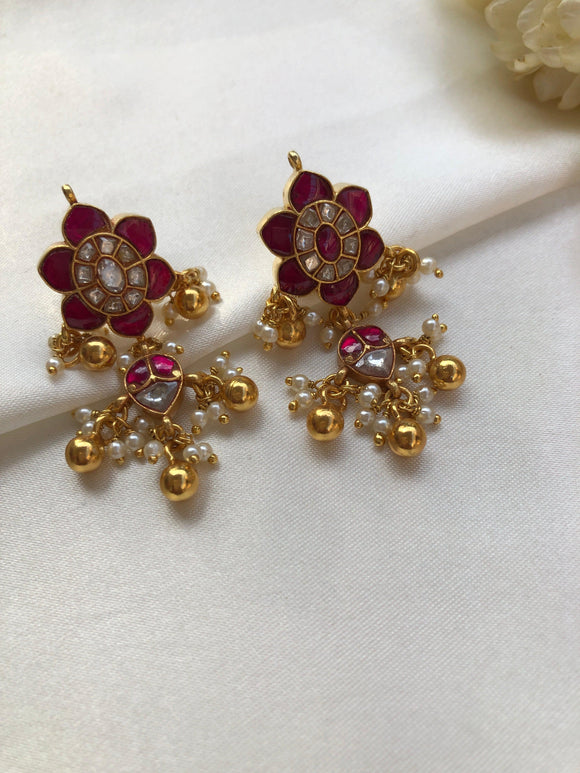 Ruby kundan earrings with pearls & gundu beads-Earrings-PL-House of Taamara