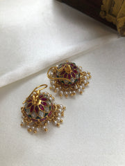 Ruby, kundan & green jhumkas with pearls bunch-Earrings-PL-House of Taamara