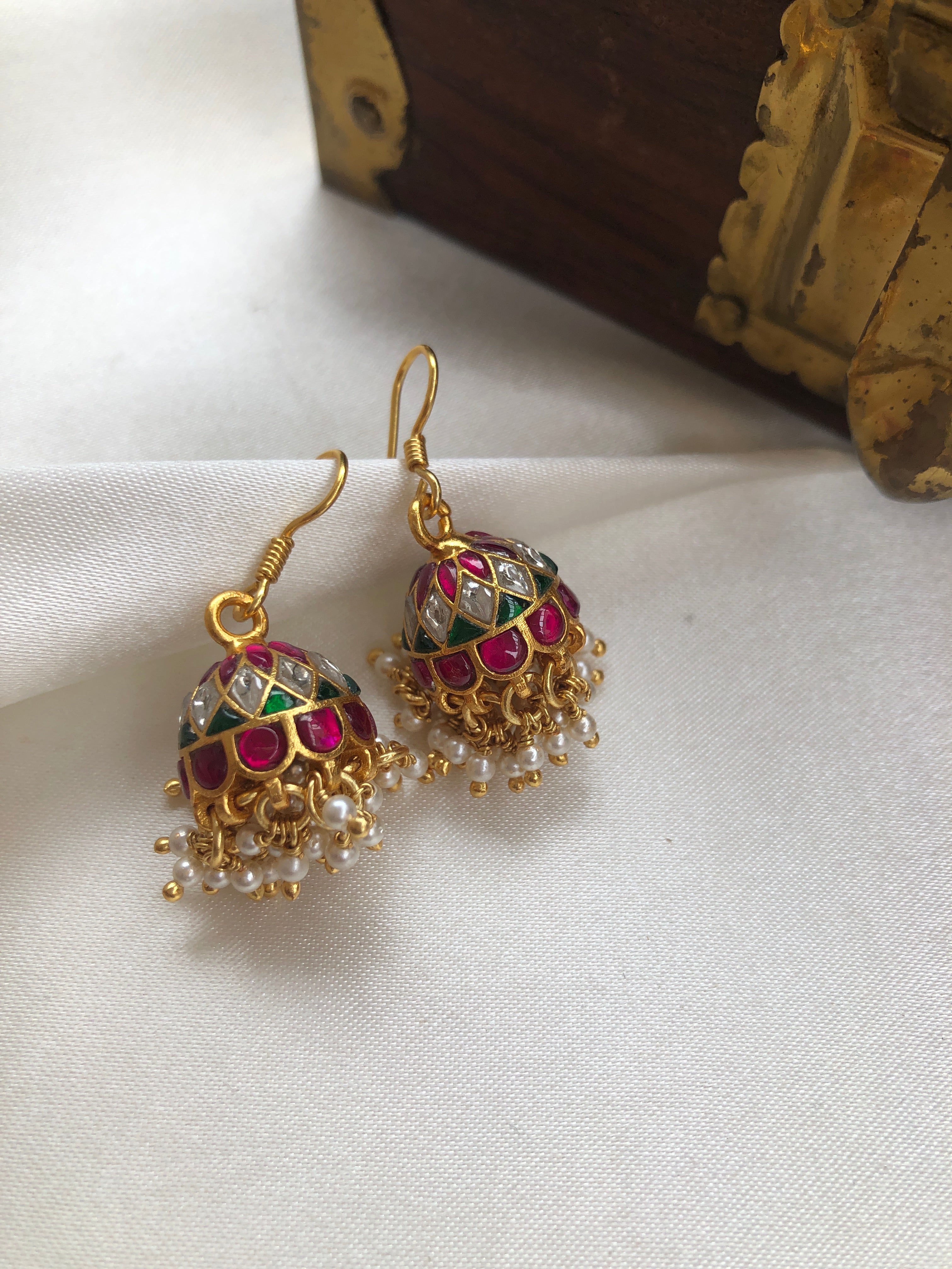 Ruby, kundan & green jhumkas with pearls bunch-Earrings-PL-House of Taamara