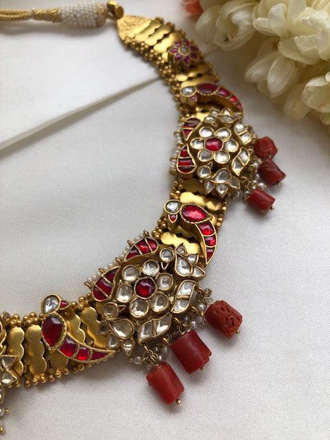 Ruby kundan necklace with coral drops-Silver Neckpiece-PL-House of Taamara