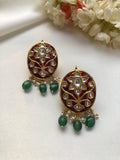 Ruby & kundan oval earrings with green beads-Earrings-PL-House of Taamara