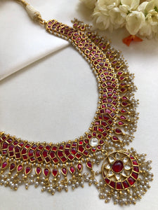 Ruby kundan & pearls antique style necklace with earrings set (MADE TO ORDER)-Silver Neckpiece-PL-House of Taamara