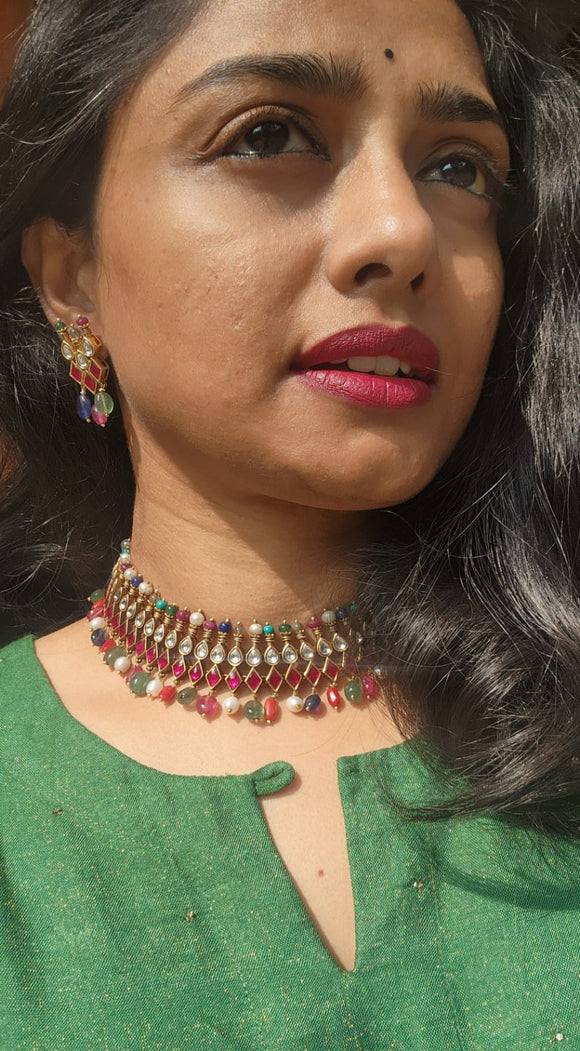 Ruby kundan & semi precious navratan tourmalines necklace with earrings, set-Silver Neckpiece-PL-House of Taamara