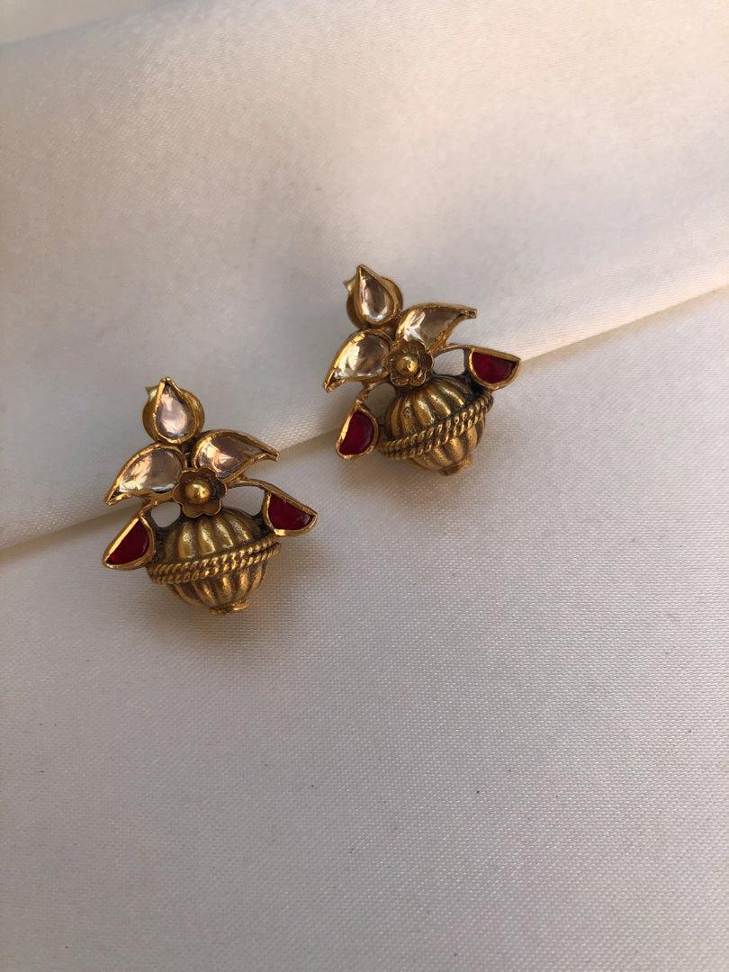 Ruby kundan with antique style bead earrings-Earrings-PL-House of Taamara