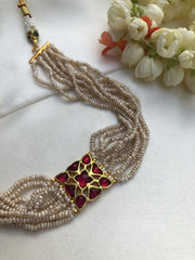 Ruby kundan with antique style pearls bunch 10 lines choker-Silver Neckpiece-PL-House of Taamara