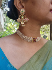 Ruby kundan with antique style pearls bunch 10 lines choker-Silver Neckpiece-PL-House of Taamara