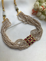 Ruby kundan with antique style pearls bunch 10 lines choker-Silver Neckpiece-PL-House of Taamara