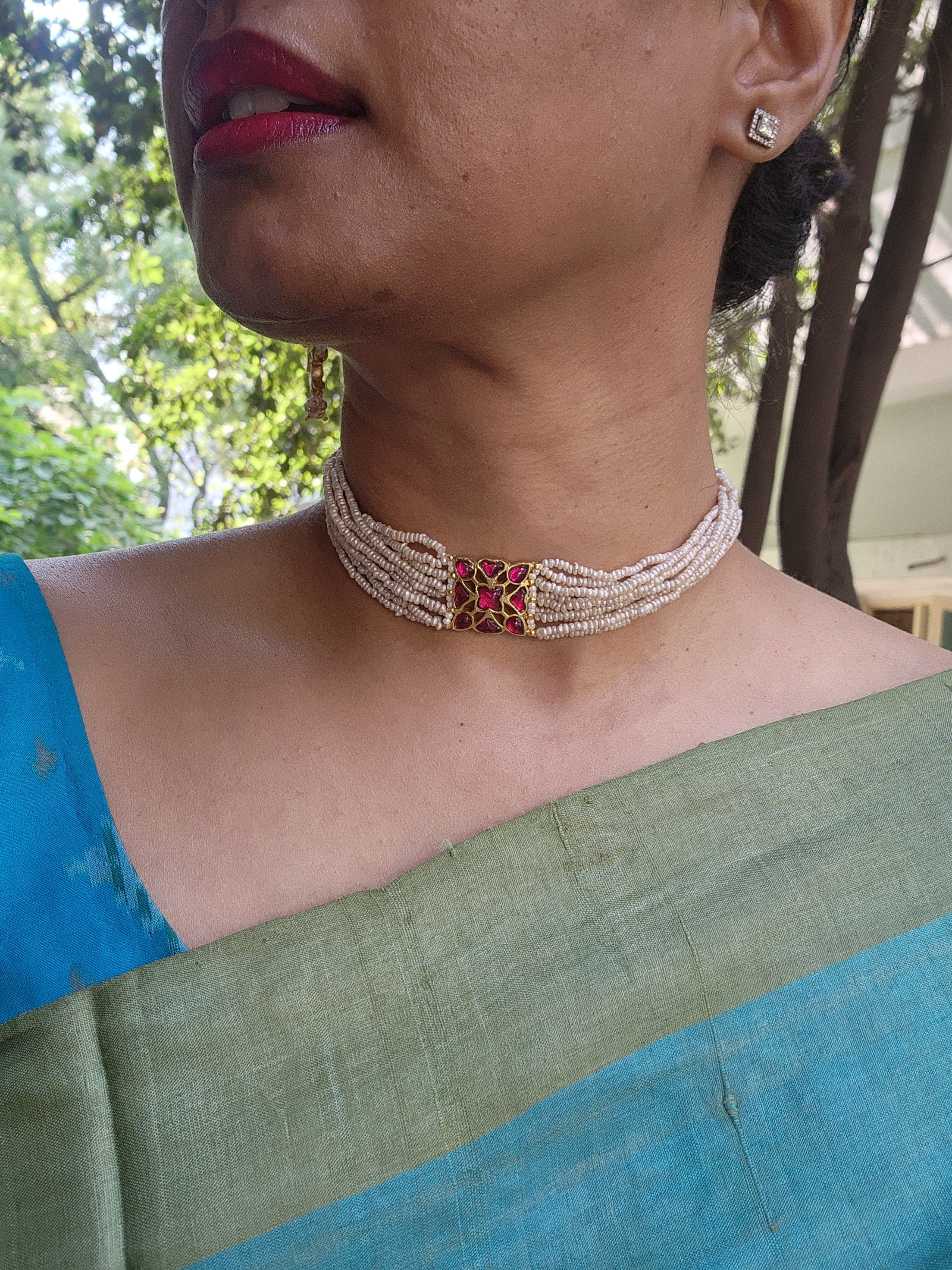 Ruby kundan with antique style pearls bunch 10 lines choker-Silver Neckpiece-PL-House of Taamara