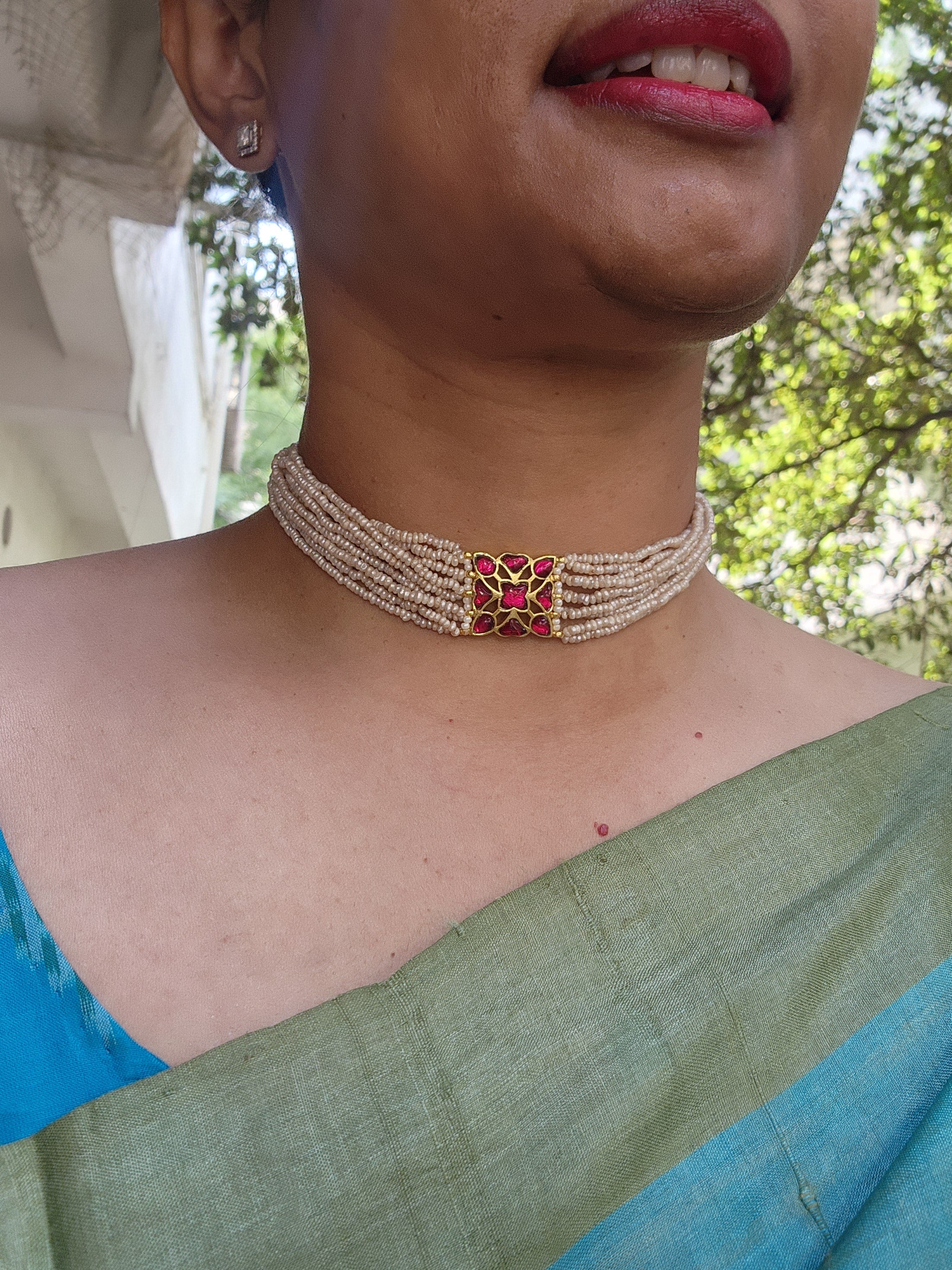 Ruby kundan with antique style pearls bunch 10 lines choker-Silver Neckpiece-PL-House of Taamara