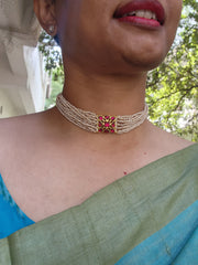 Ruby kundan with antique style pearls bunch 10 lines choker-Silver Neckpiece-PL-House of Taamara