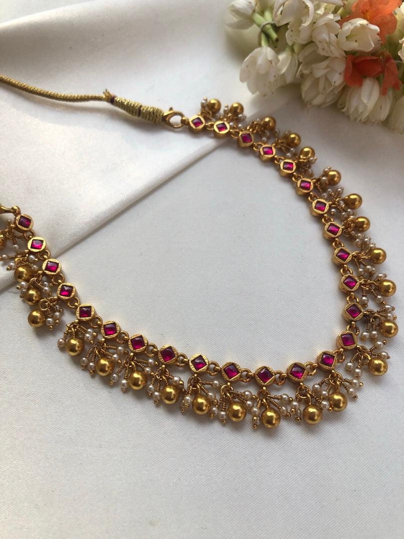 Ruby kundan with pearls & gold polish gundu beads necklace-Silver Neckpiece-PL-House of Taamara