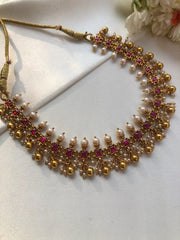 Ruby kundan with pearls & gold polish gundu beads necklace-Silver Neckpiece-PL-House of Taamara