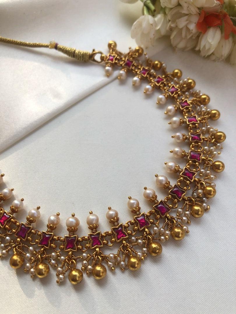 Ruby kundan with pearls & gold polish gundu beads necklace-Silver Neckpiece-PL-House of Taamara