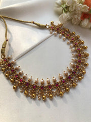 Ruby kundan with pearls & gold polish gundu beads necklace-Silver Neckpiece-PL-House of Taamara