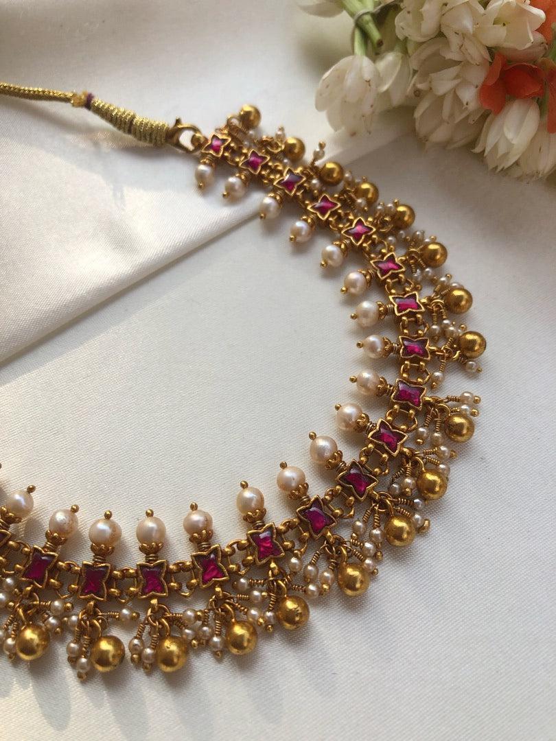 Ruby kundan with pearls & gold polish gundu beads necklace-Silver Neckpiece-PL-House of Taamara