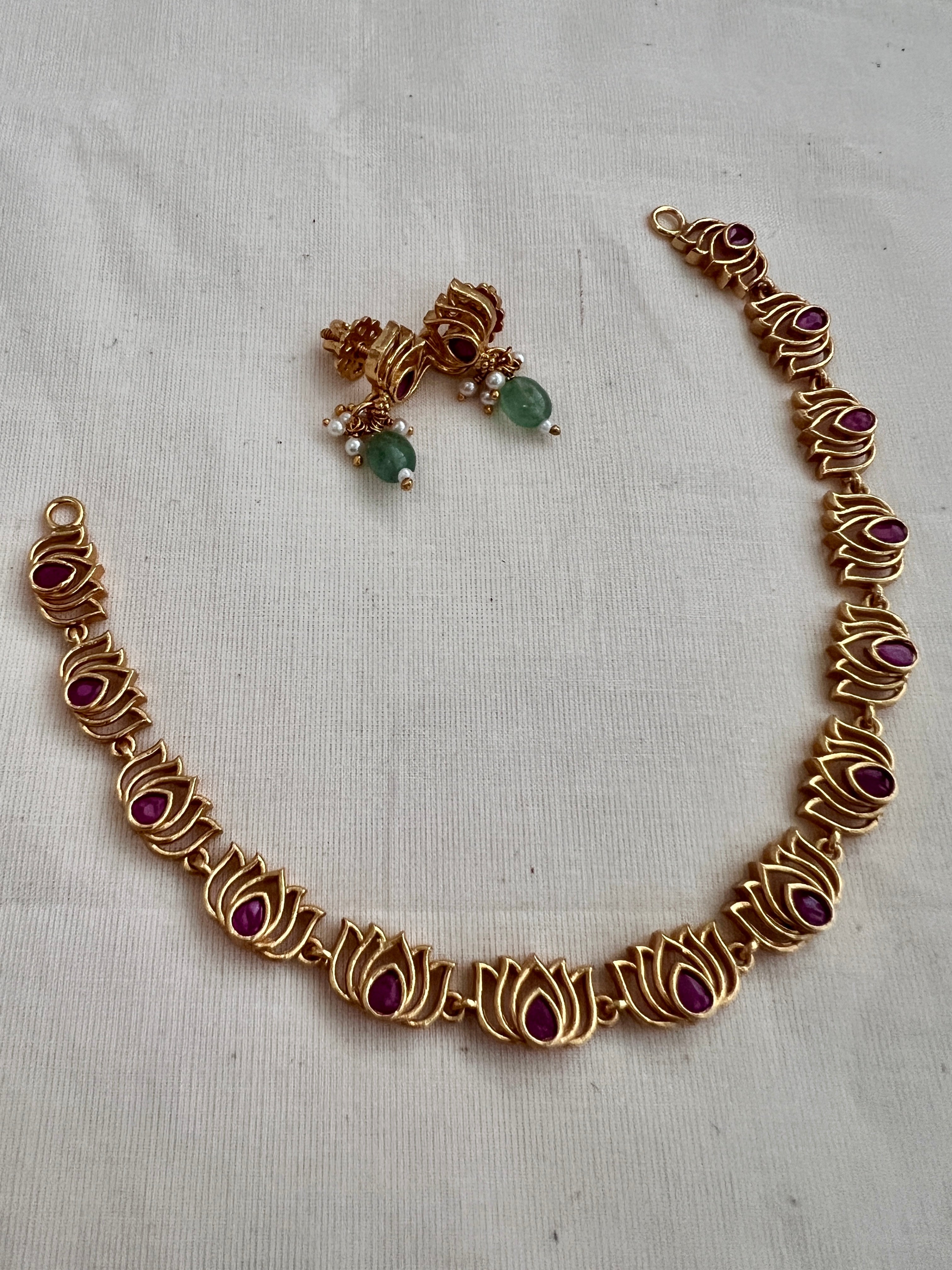 Ruby lotus necklace with earrings, SET-Silver Neckpiece-CI-House of Taamara