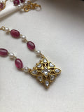 Ruby onyx with pearls chain with kundan square pendant (MADE TO ORDER)-Silver Neckpiece-PL-House of Taamara