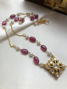 Ruby onyx with pearls chain with kundan square pendant (MADE TO ORDER)-Silver Neckpiece-PL-House of Taamara