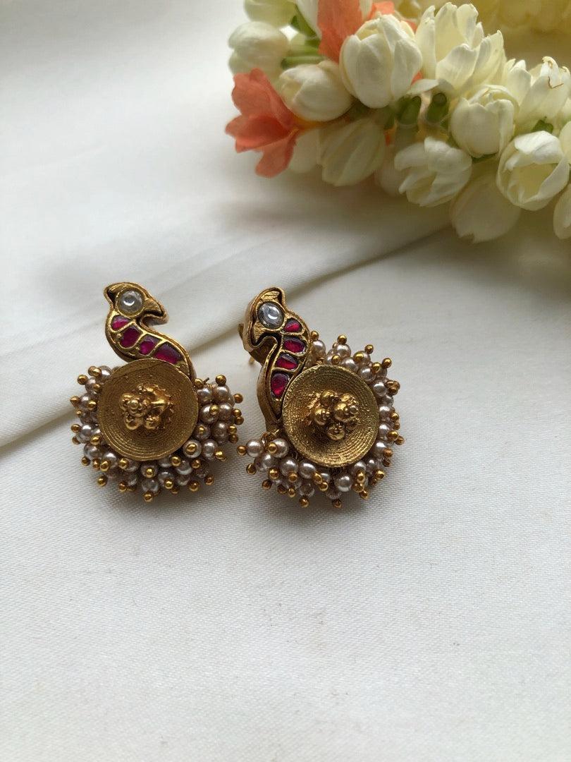Ruby peacock earrings with pearls around-Earrings-PL-House of Taamara
