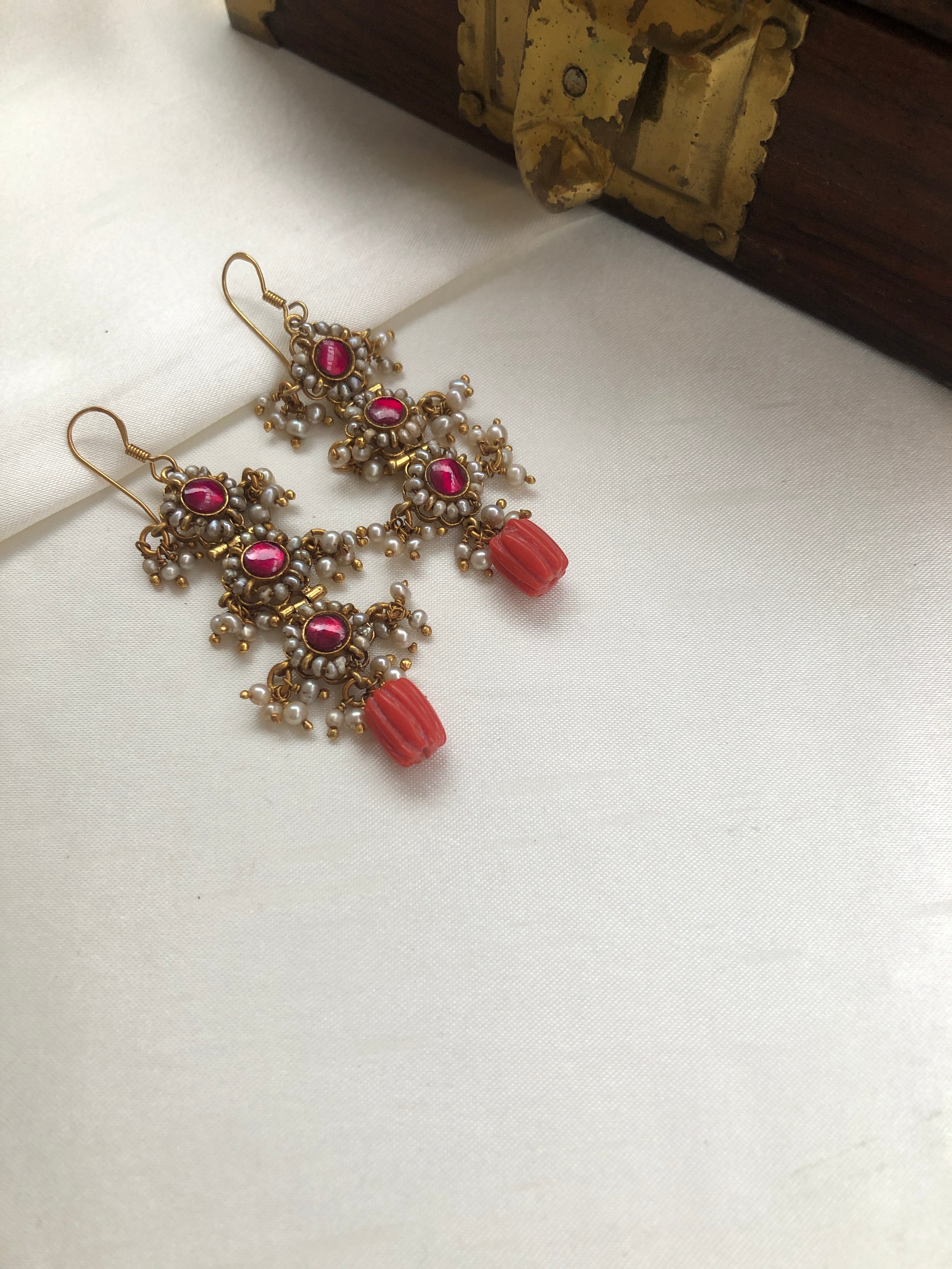 Ruby pearls with coral bead earrings-Earrings-PL-House of Taamara