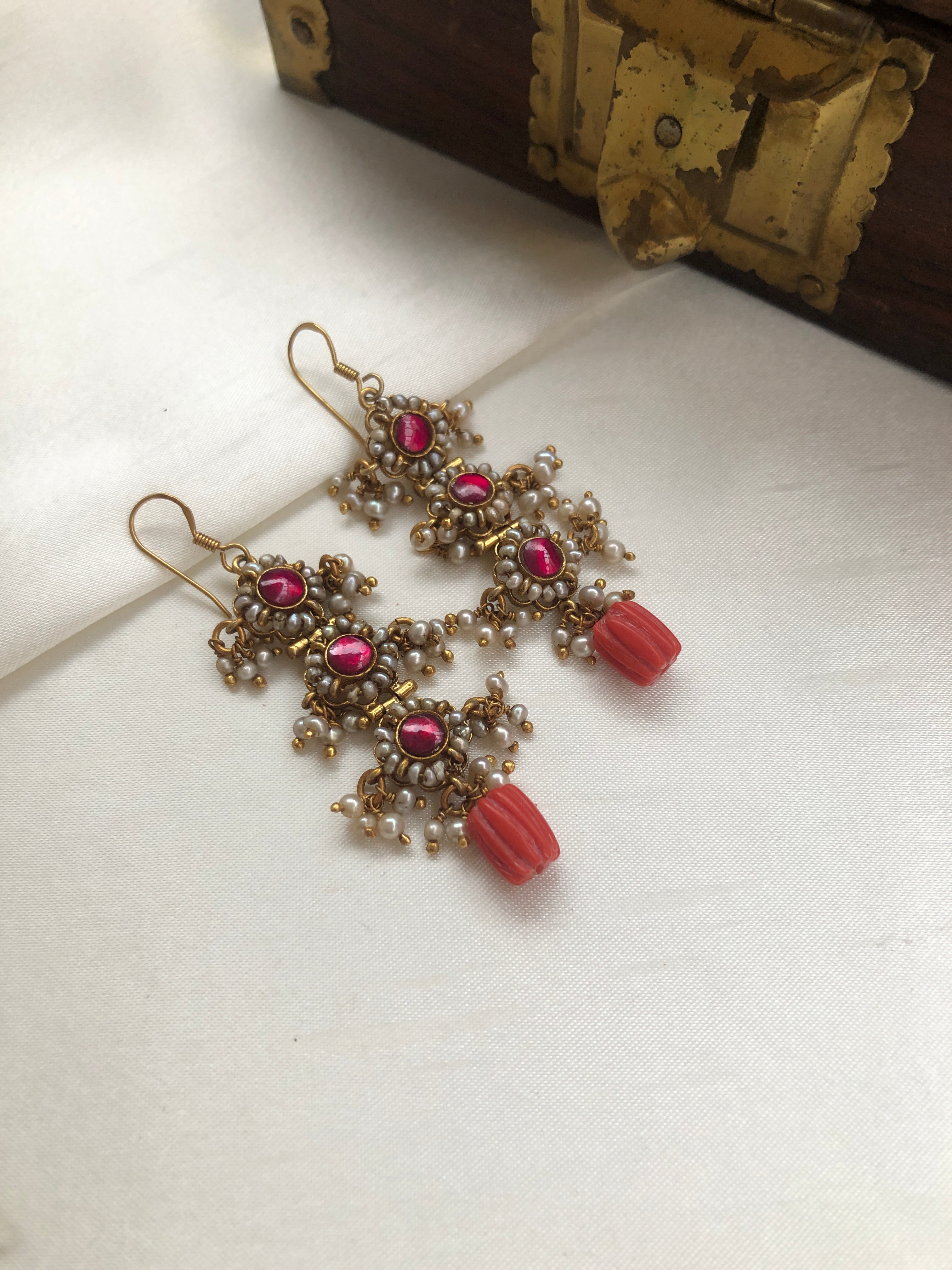 Ruby pearls with coral bead earrings-Earrings-PL-House of Taamara